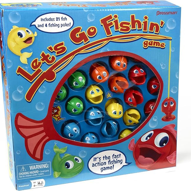 Let’s Go Fishin' Game box and contents, including the colorful game board, 21 toy fish, and four fishing rods.