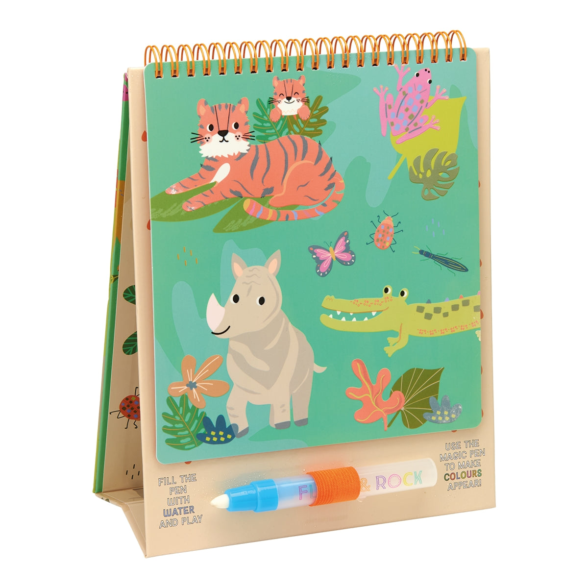 A children's coloring book with a stand-up cardboard cover, featuring illustrated animals including a tiger, rhinoceros, crocodile, frog, and butterfly on a teal background. A blue and orange ROCK! brand marker is placed in front of the book.