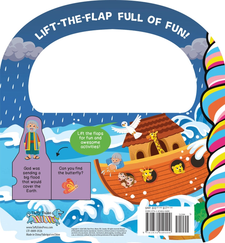 Back cover of a children's book with a colorful illustration of Noah's Ark, animals, and a dove.
