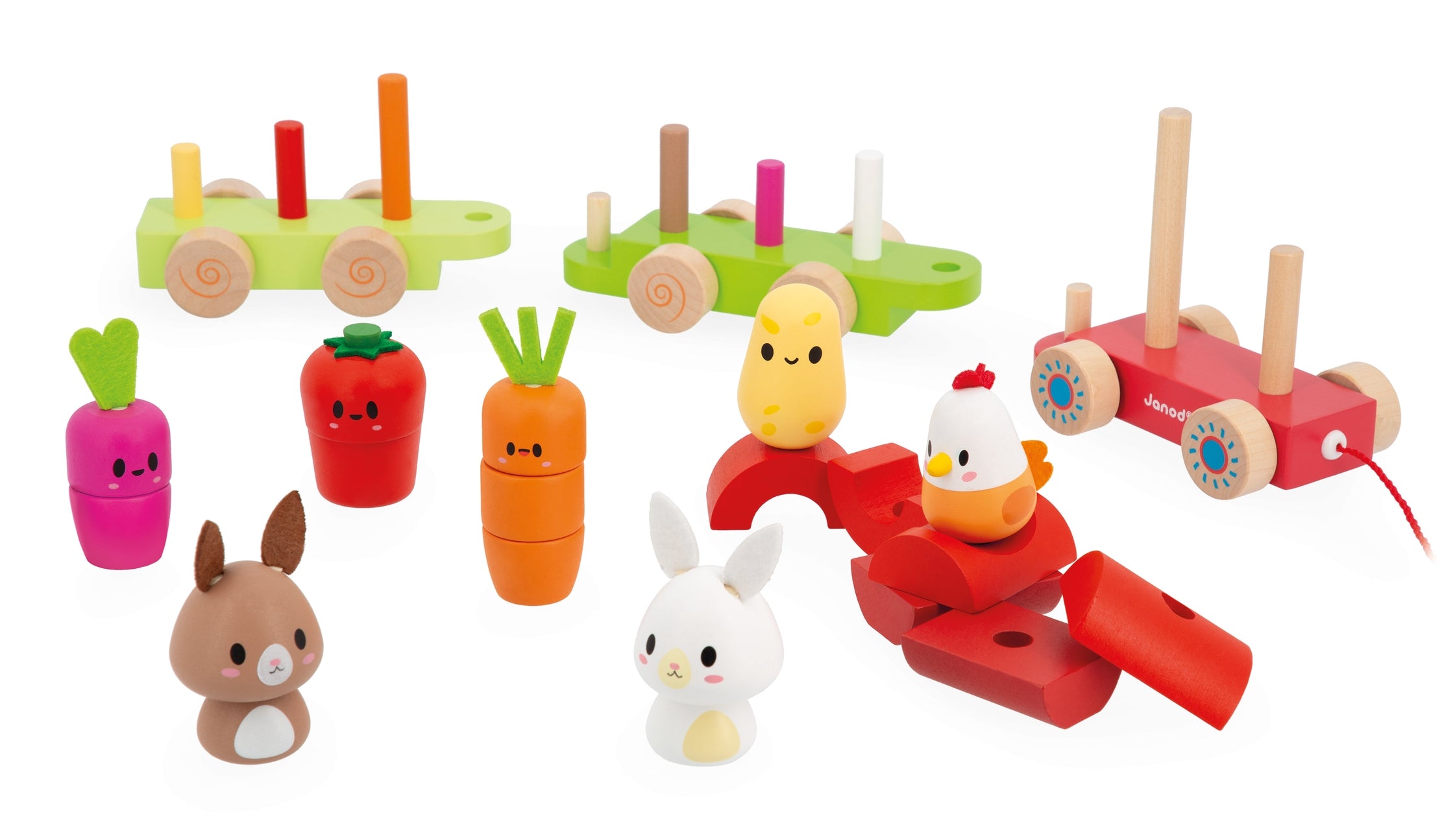 Set of colorful wooden toys including animals and vehicles on a white background