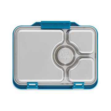 Metal lunch box with blue lid and base on a white background