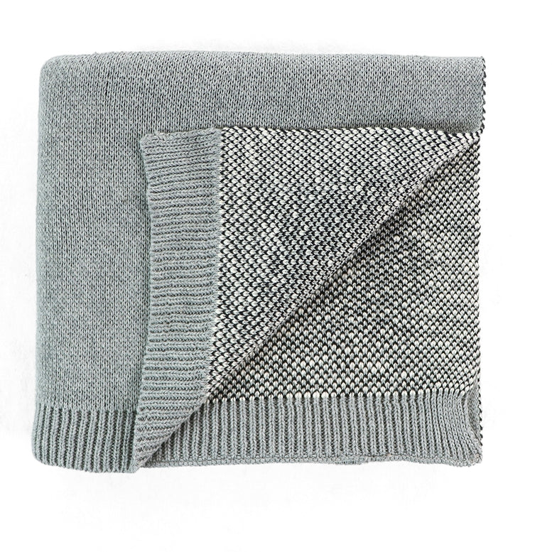 A folded gray knit blanket with a textured woven pattern and ribbed borders, shown on a plain white background.