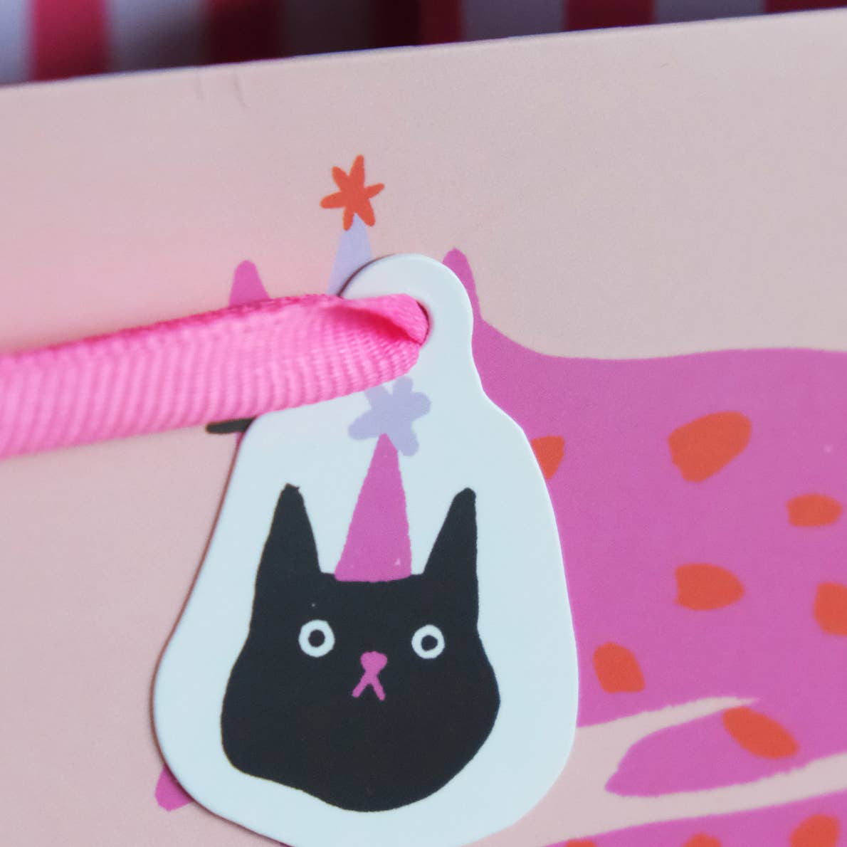 Illustration of a black cat wearing a party hat on a pink background