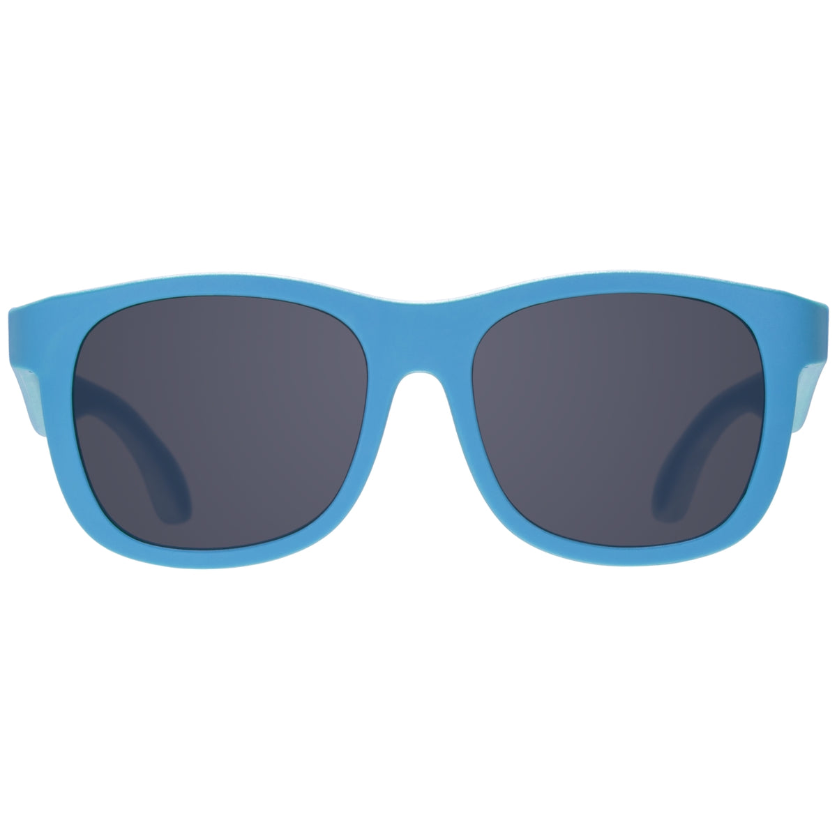 Blue sunglasses with dark lenses on a white background