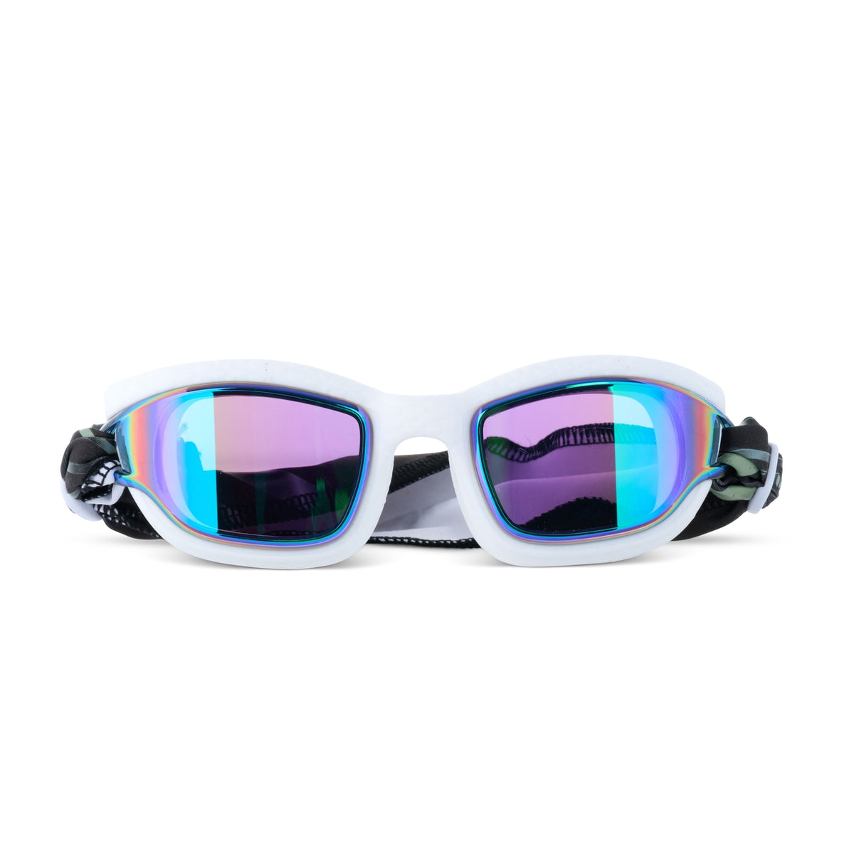 White swim goggles with colorful lenses on a white background