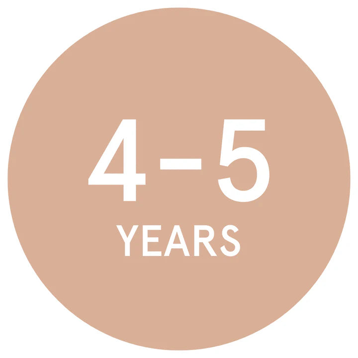 A circular beige graphic with white text reading '4-5 YEARS' on a plain white background.