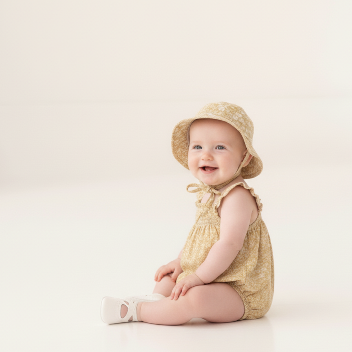 Baby wearing a yellow outfit and hat on a plain background