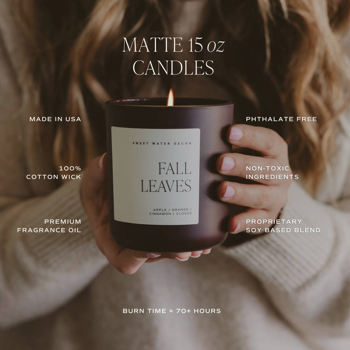 Candle labeled 'Fall Leaves' held by a person, with product details on a dark background.