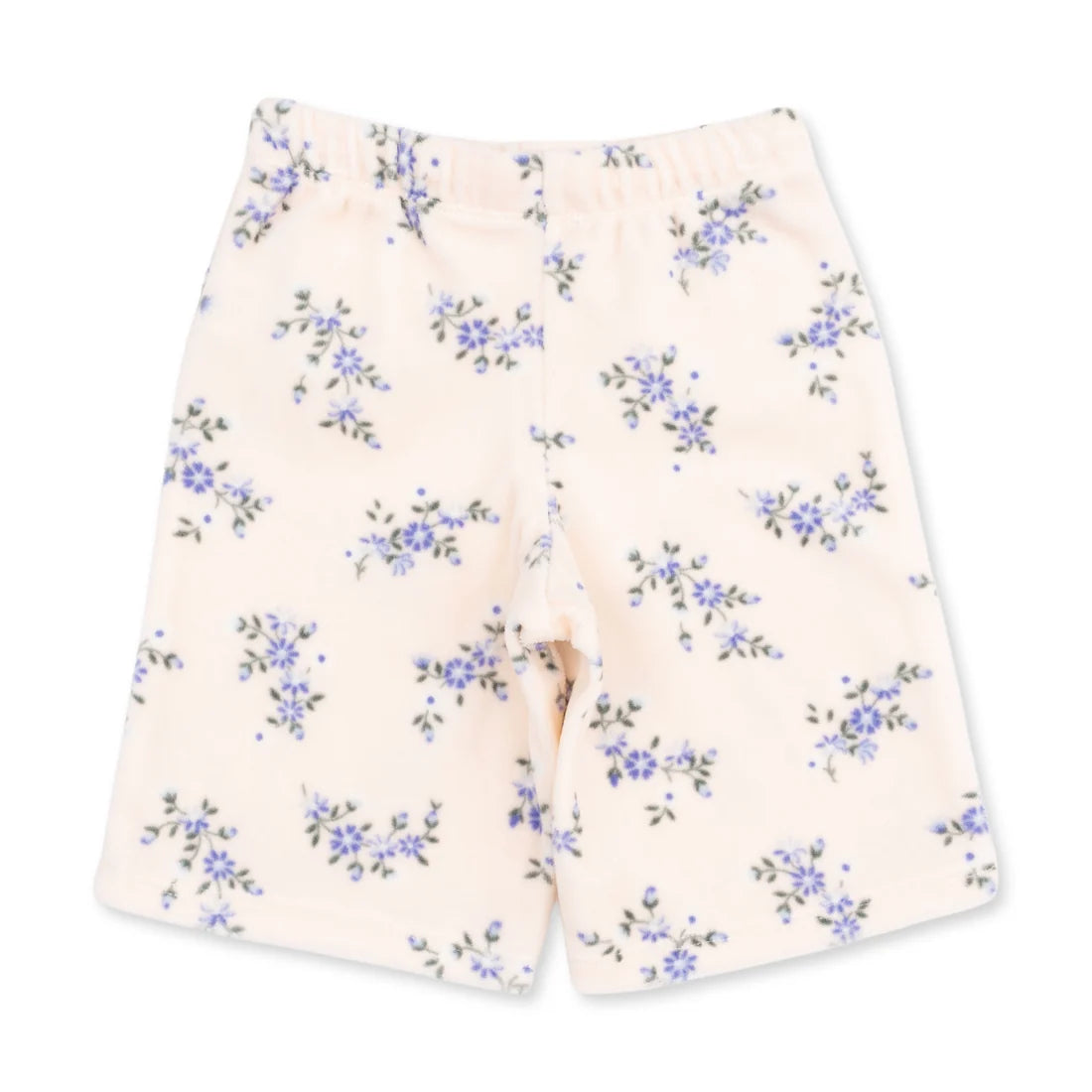 A pair of baby shorts in a soft cream color, featuring an all-over print of small blue and purple flowers with green leaves, laid flat against a white background.