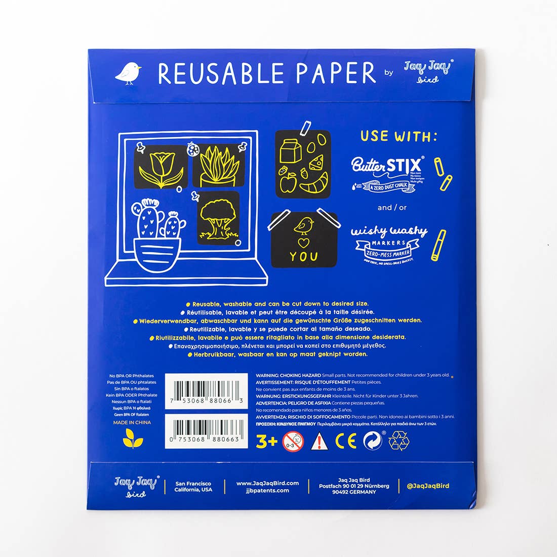Back of reusable paper packaging with illustrations and text on a blue background