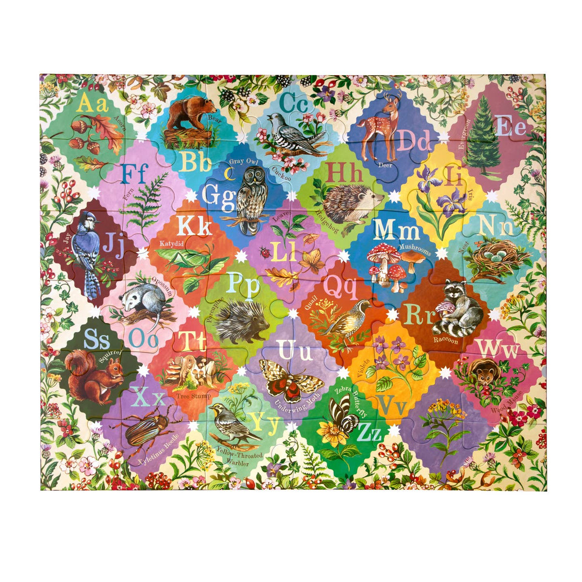 Colorful alphabet chart with animals and nature-themed design on a white background