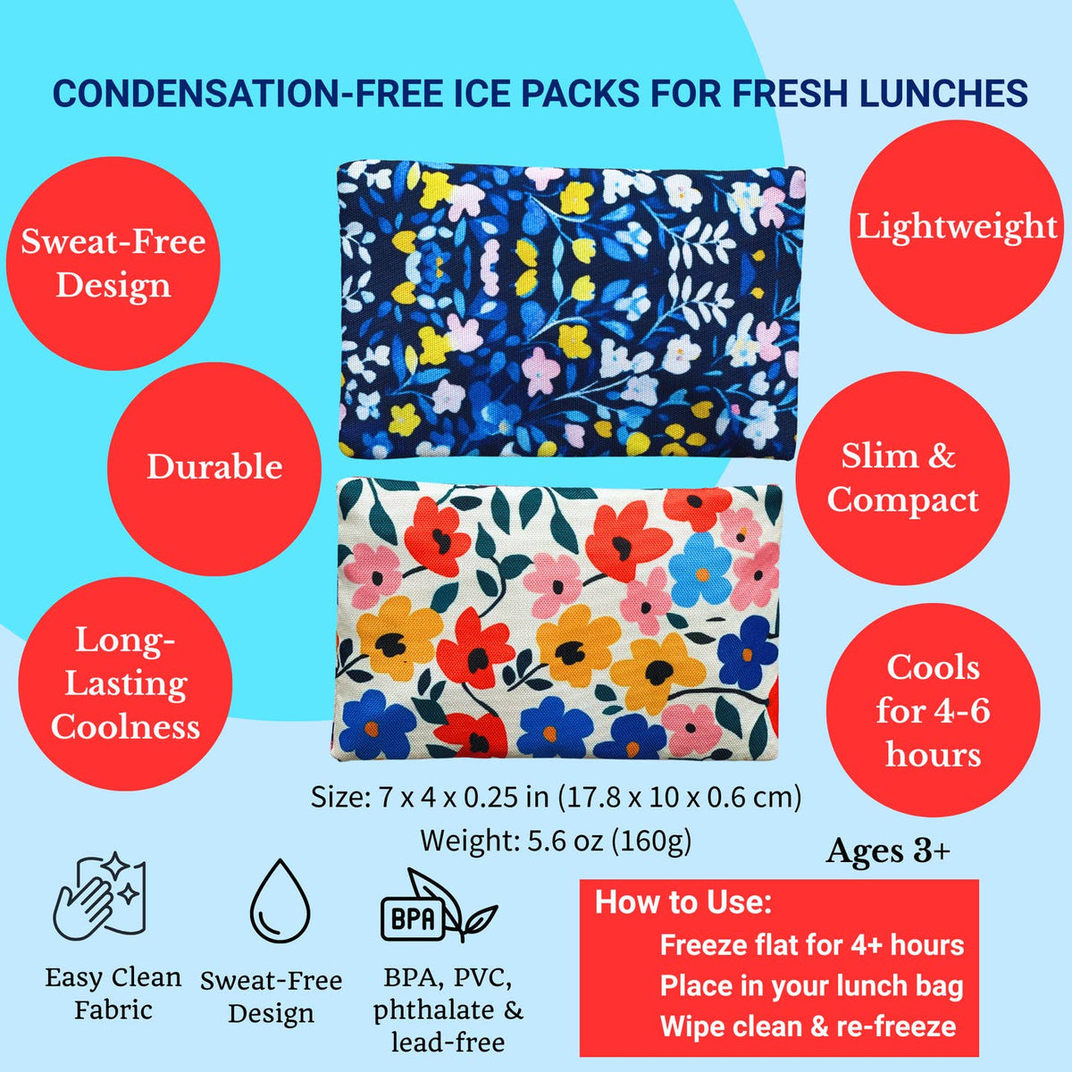 Floral ice packs for lunches with features and usage instructions on a blue background