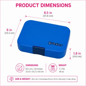 Blue product box with dimensions and weight information on a white background