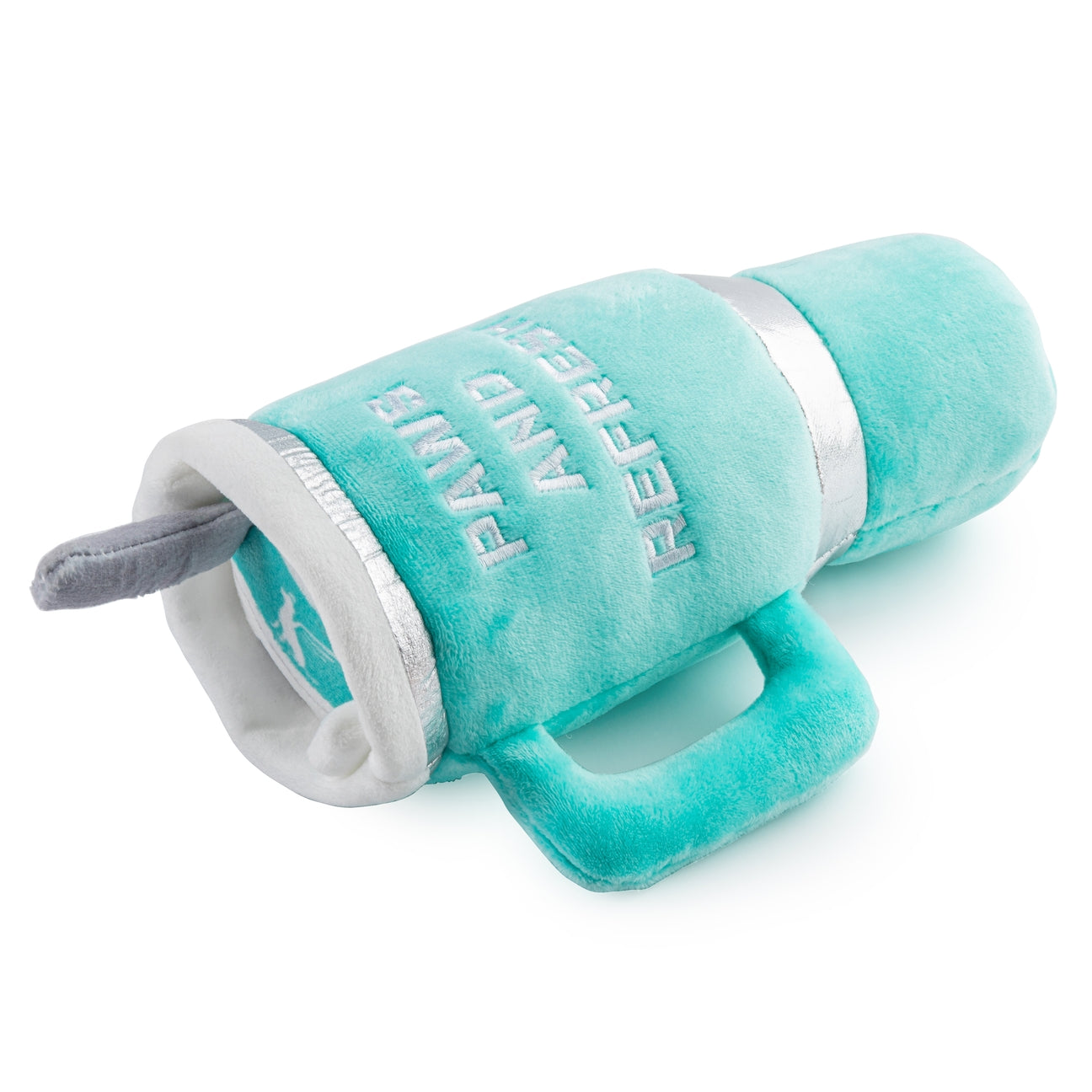 Teal and gray plush toy with text on a white background