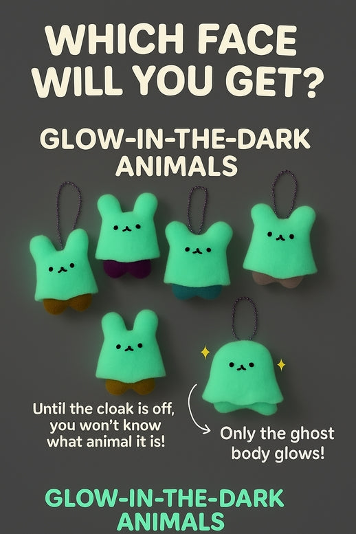 Promotional graphic for glow-in-the-dark animal plush keychains showing five small bunny-shaped characters in different colored cloaks, with text reading 'WHICH FACE WILL YOU GET?' and 'GLOW-IN-THE-DARK ANIMALS' on a dark gray background.