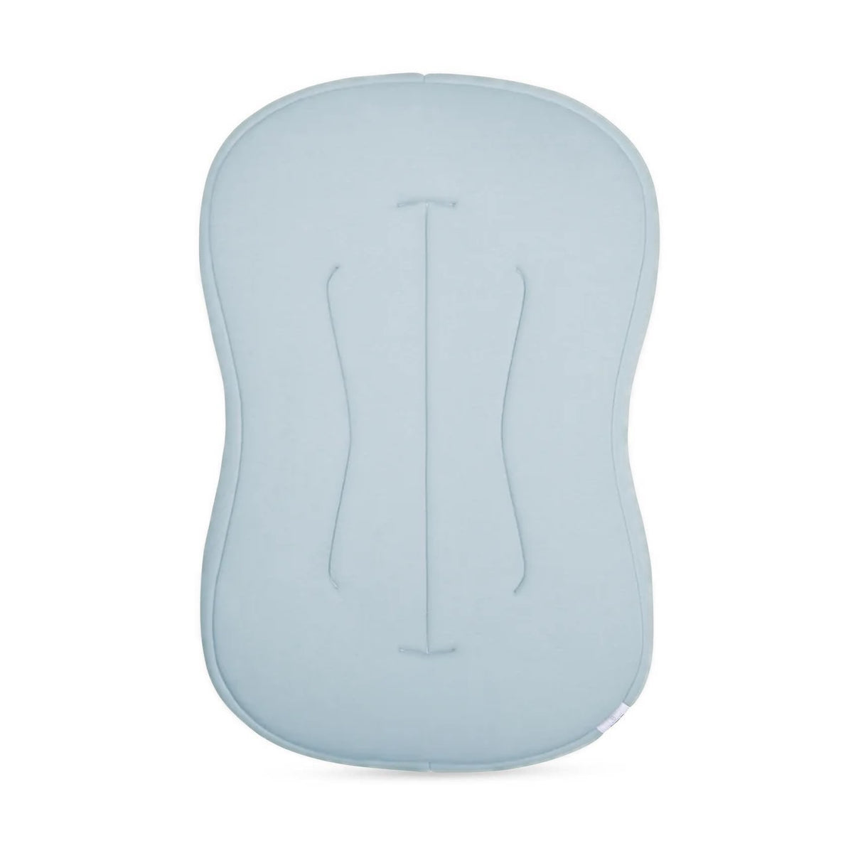 A light blue contoured baby support pillow with a central vertical support channel, shown on a plain white background.