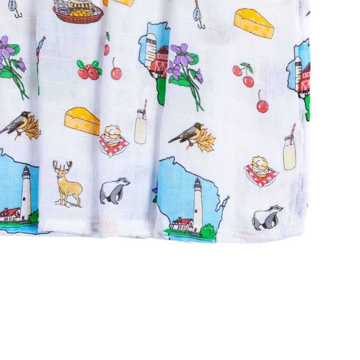 Curtain with colorful nature-themed illustrations on a white background