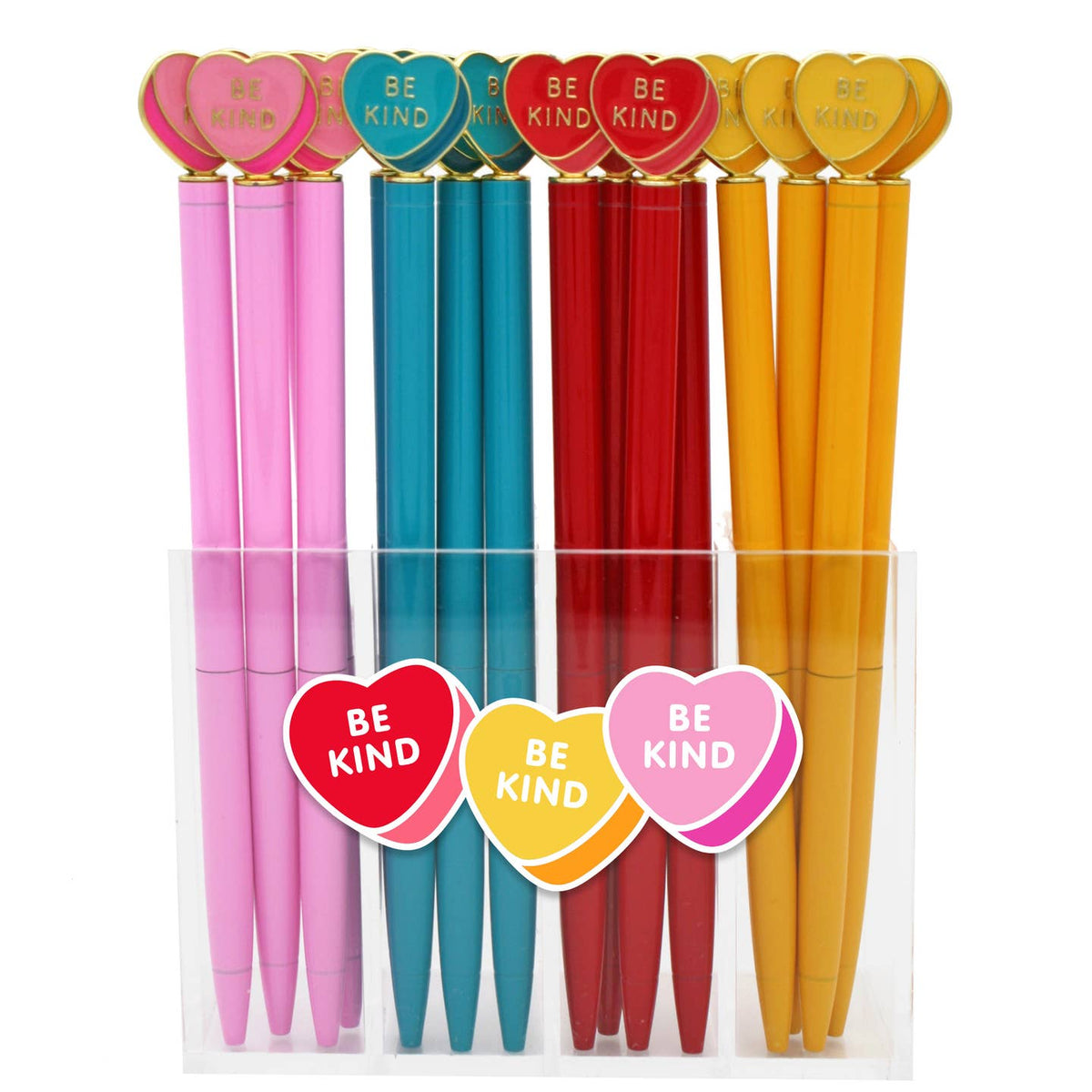 Set of colorful pens with heart-shaped ends and 'Be Kind' text on a white background