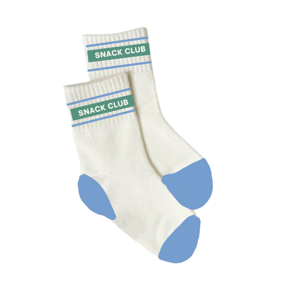 Pair of socks with 'Snack Club' and 'Polished Prints' text on a white background