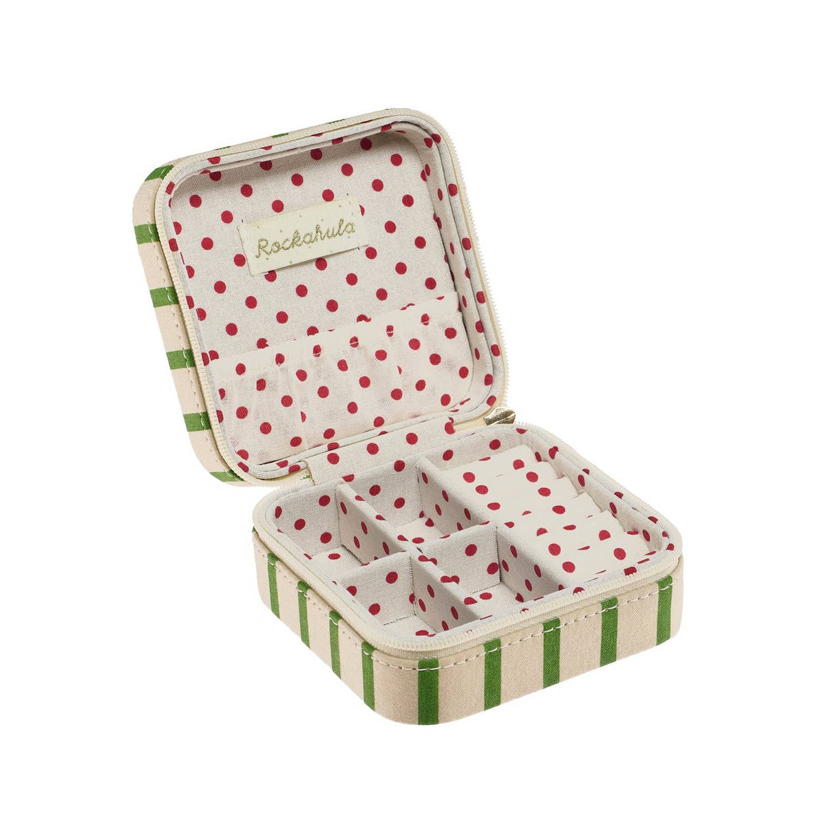 Small jewelry box with polka dot interior and striped exterior on a white background