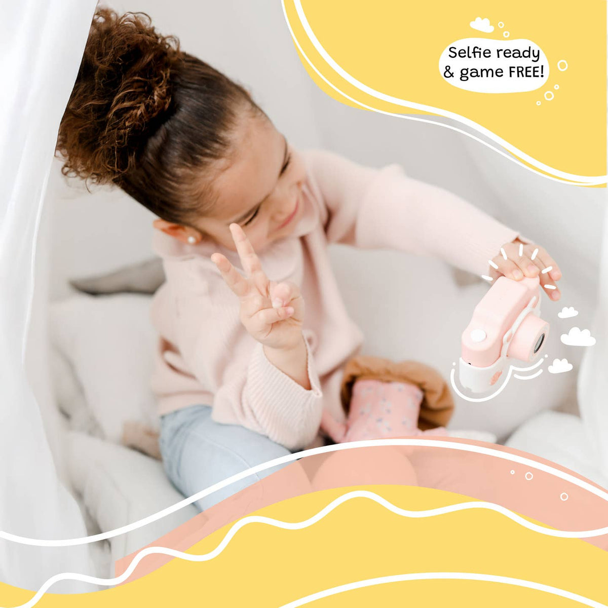 Child holding a toy phone with promotional text on a yellow background