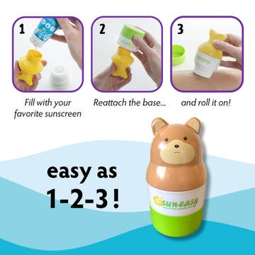 Instructions for using a bear-shaped sunscreen applicator with text 'easy as 1-2-3!'.