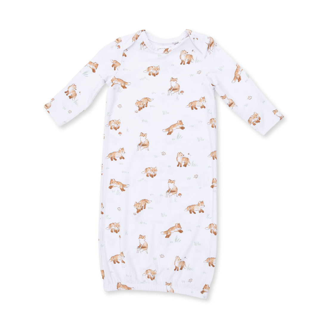 A long-sleeve baby sleep sack with an all-over print of playful foxes in shades of brown on a white background.