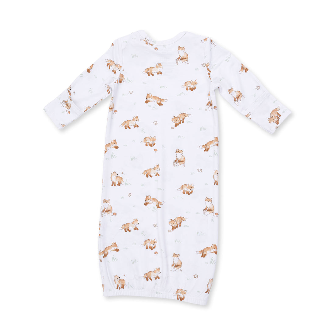 A long-sleeve baby sleep sack in white fabric, featuring an all-over print of small brown and beige foxes.
