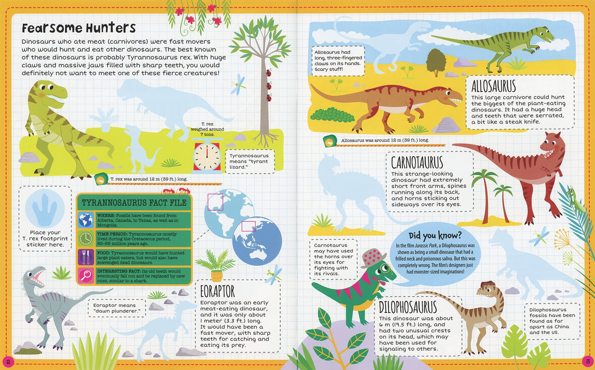 Children's book page about dinosaurs with illustrations and text.