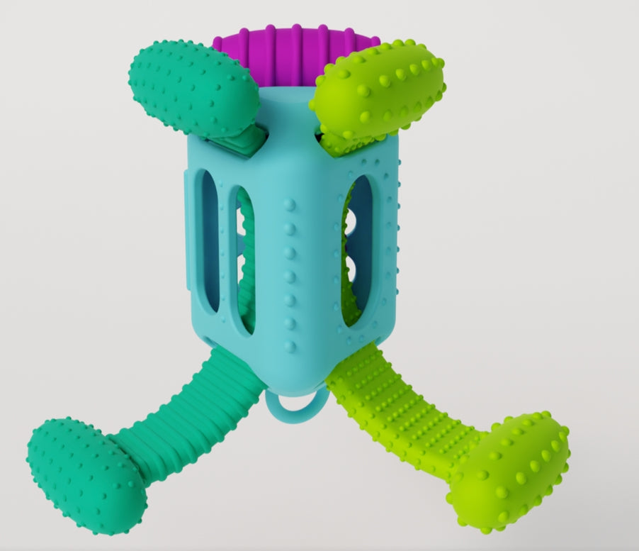 Möbi kNüdLL sensory activity toy, featuring a central light blue textured cube with three dangling textured rubber limbs in purple, lime green, and teal.
