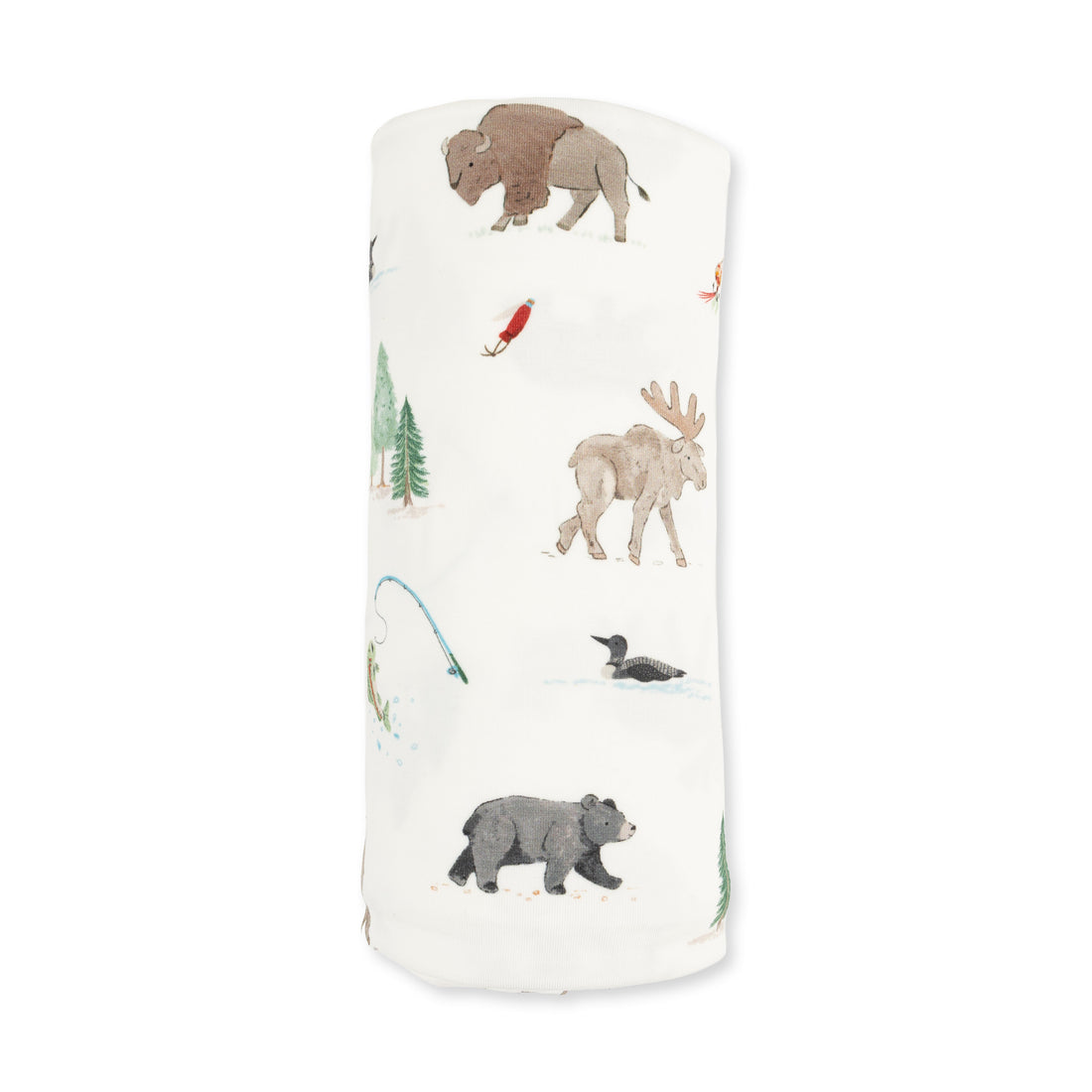 A rolled-up white baby blanket featuring a rustic woodland animal print with a bison, moose, bear, duck, and trees.