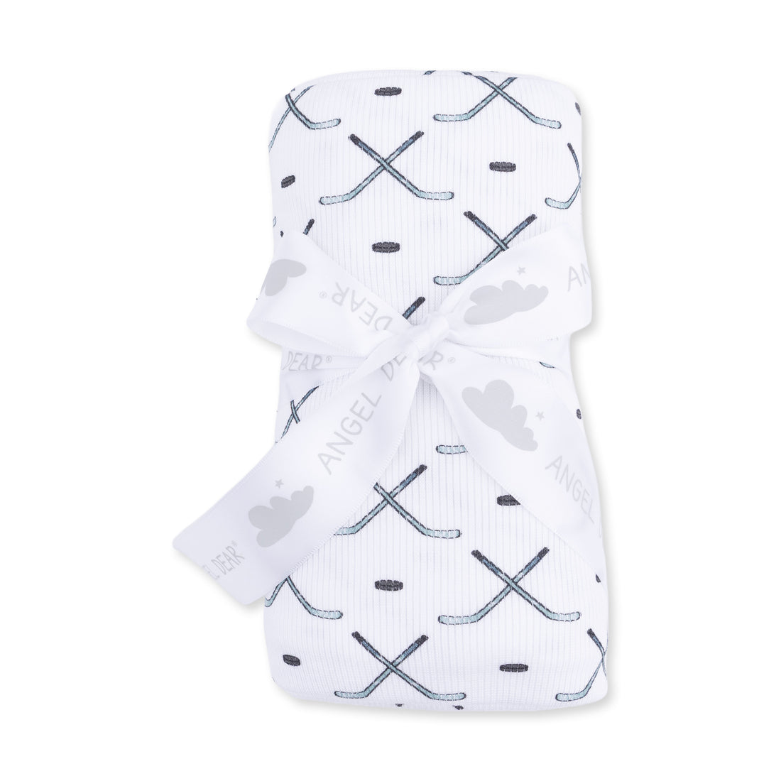 White swaddle blanket with hockey stick pattern on a white background