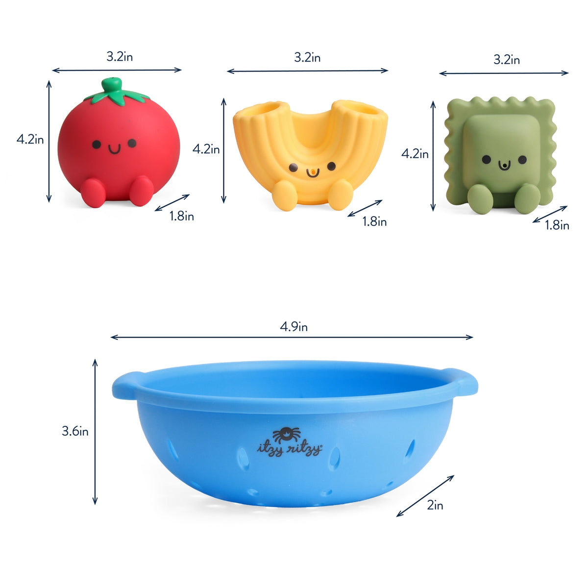 Three small toy figures and a blue bowl with dimensions labeled on a white background