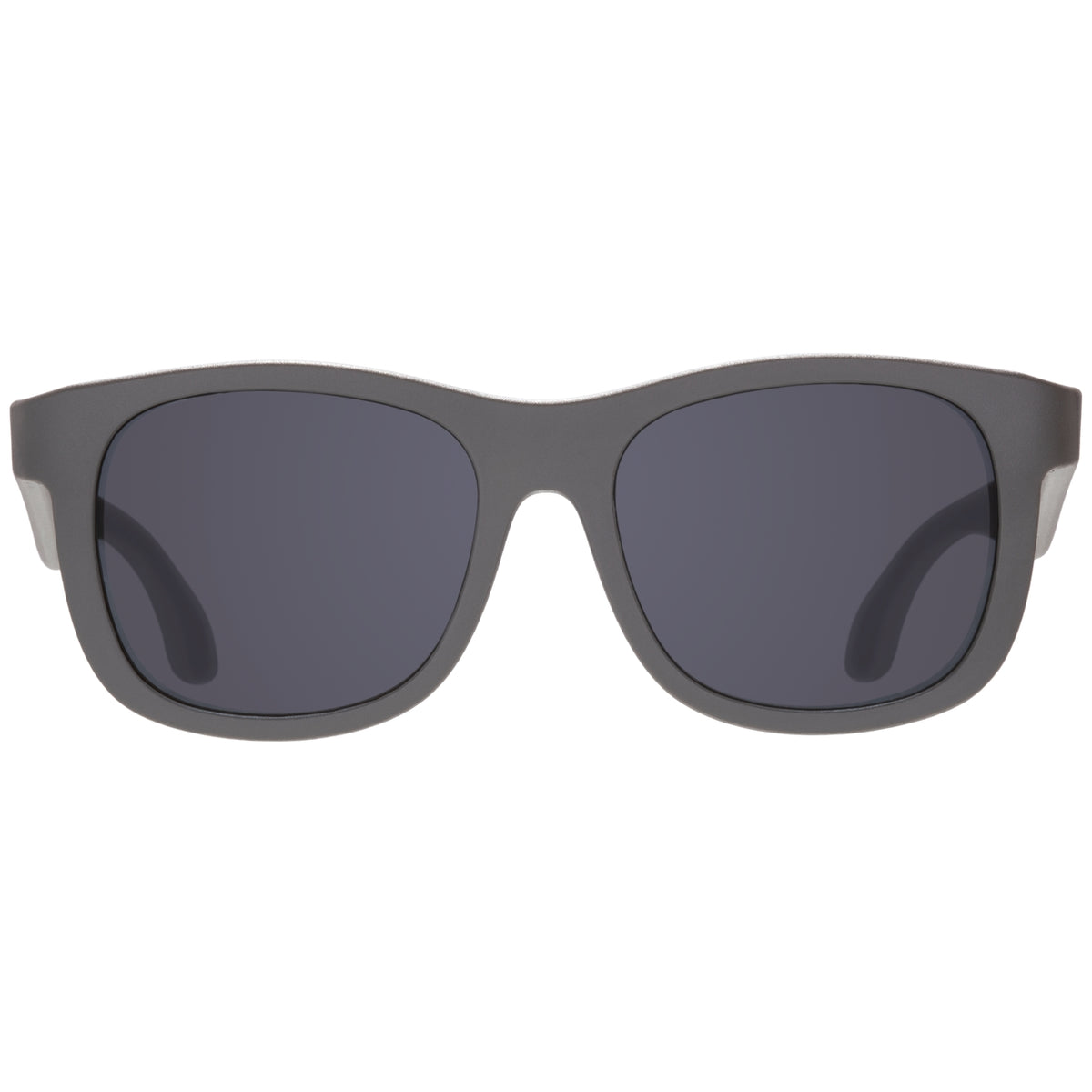 Gray sunglasses with dark lenses on a white background