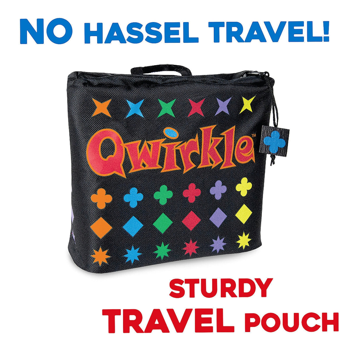 Black travel pouch with colorful patterns and 'Qwizzle' branding on a white background.
