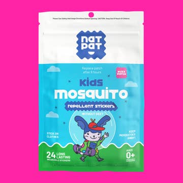 Package of Nat Pat Kids Mosquito Repellent Stickers on a pink background