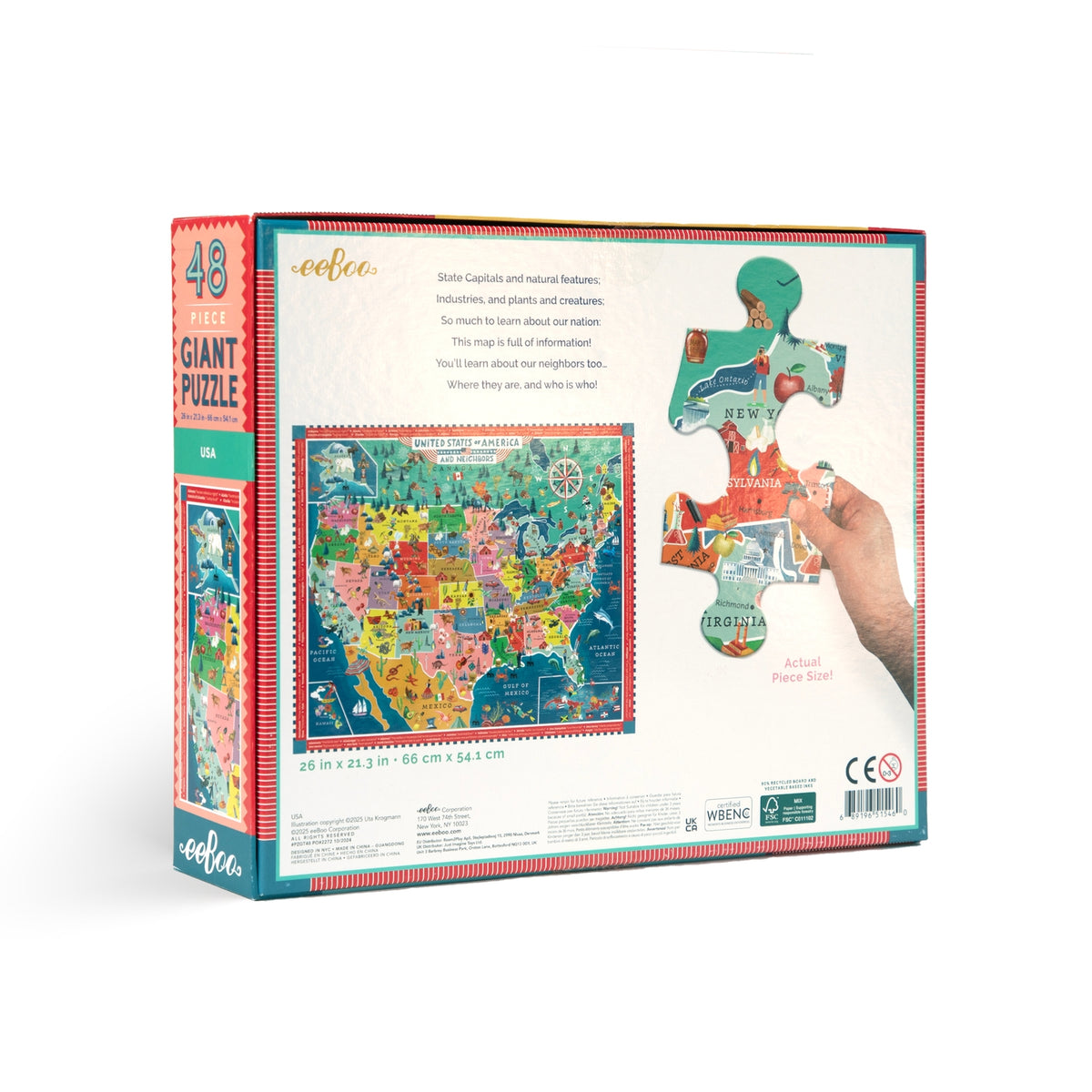 Giant puzzle packaging with colorful map design on a white background