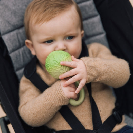 An infant sitting in a stroller chews on a green cabbage-shaped teether toy.