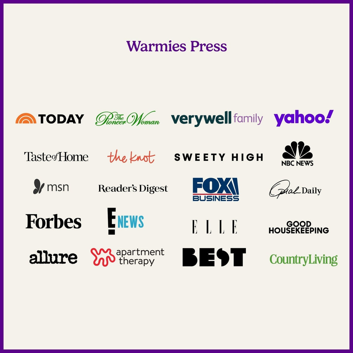 Logos of various media outlets on a white background with 'Warmies Press' at the top.