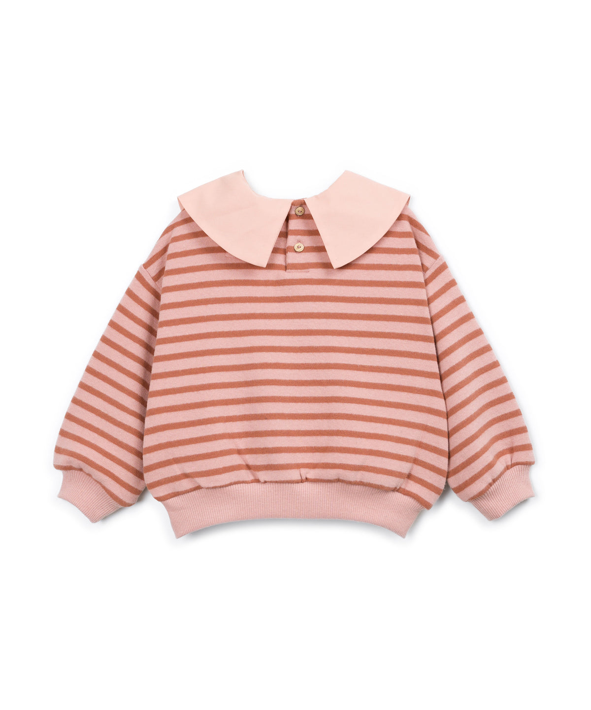 A children's long-sleeve top with horizontal stripes in dusty rose and light pink, featuring a solid light pink oversized collar and matching pink ribbed cuffs and hem.
