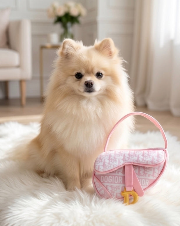 A fluffy cream Pomeranian dog sits on a white faux-fur rug next to a pink Dior dog handbag with a matching pink handle and a gold-tone D logo charm.