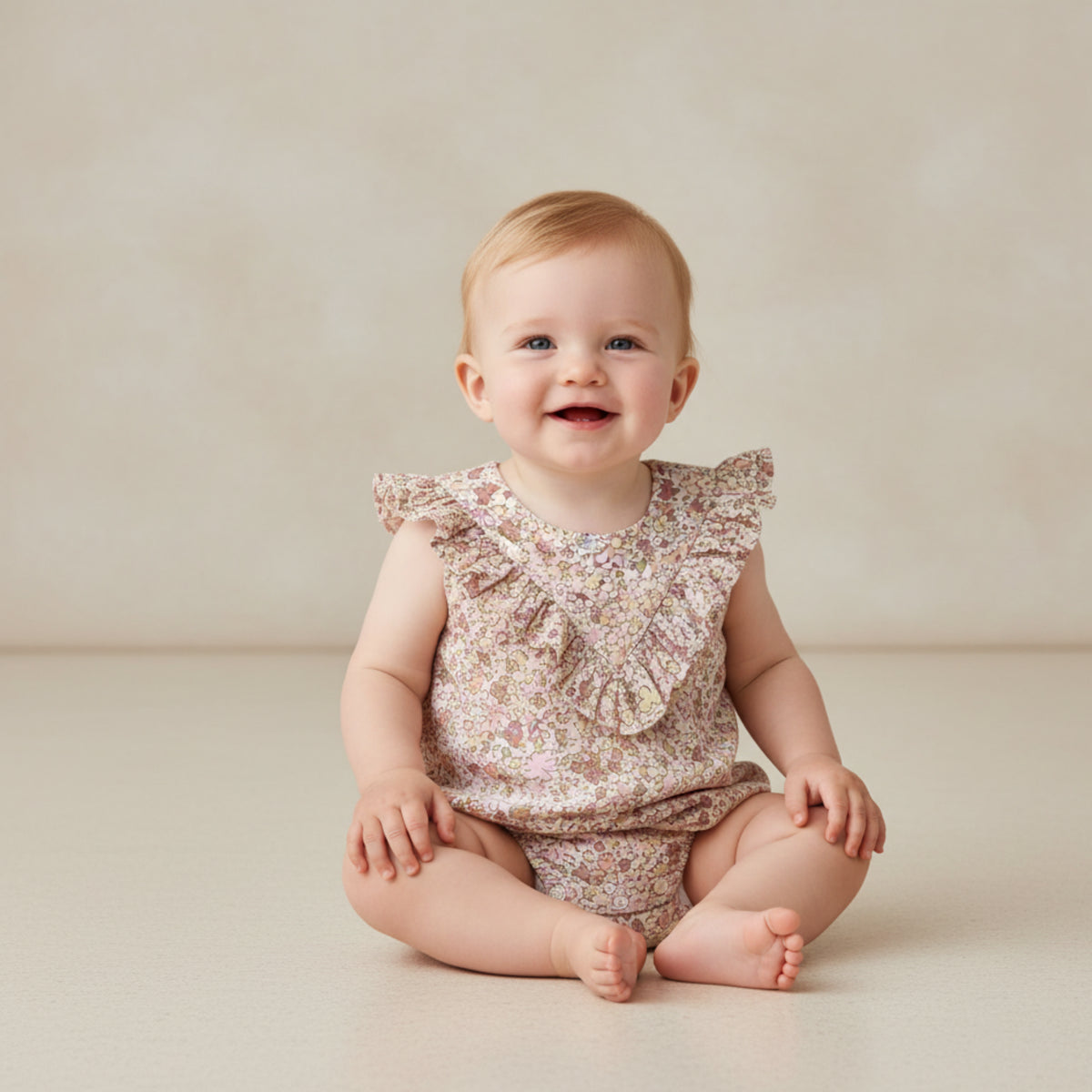 Baby wearing a floral romper sitting on a plain background