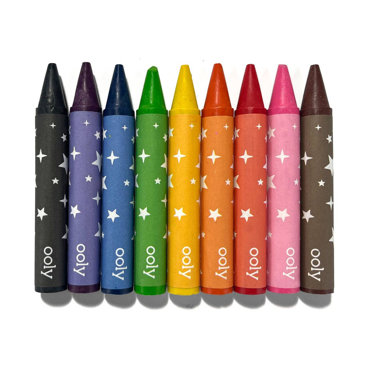 Set of eight colorful crayons with 'ooly' branding on a white background