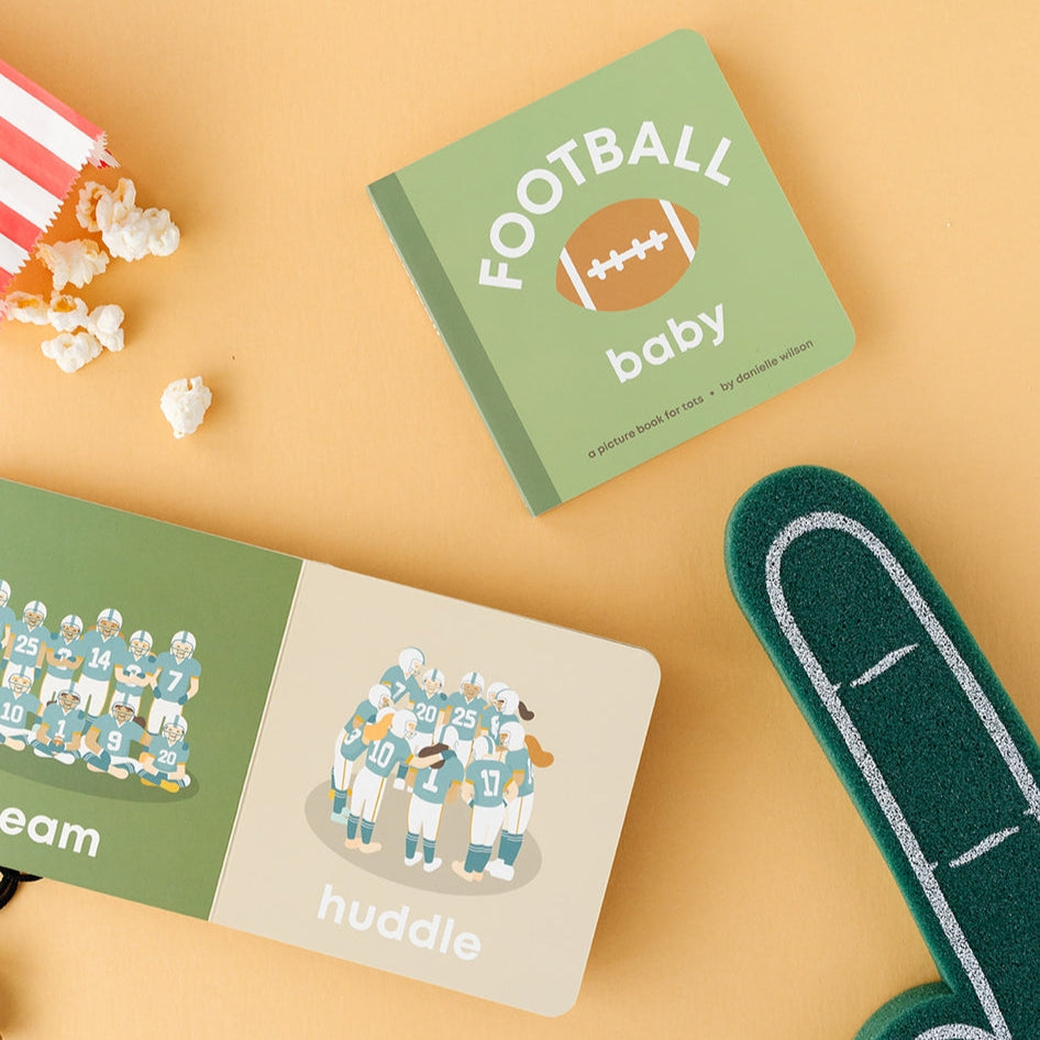 Children's books on a yellow background with football-themed items.