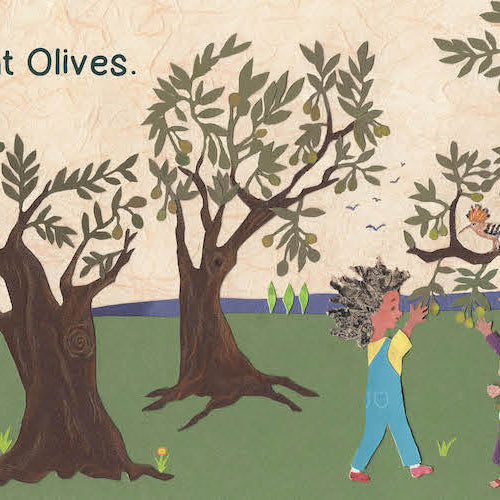 A colorful illustration from the book A Walk In The Forest showing a landscape with olive trees, two children gathering olives, a fox, and a bird, accompanied by the text: "3 ancient Olives."