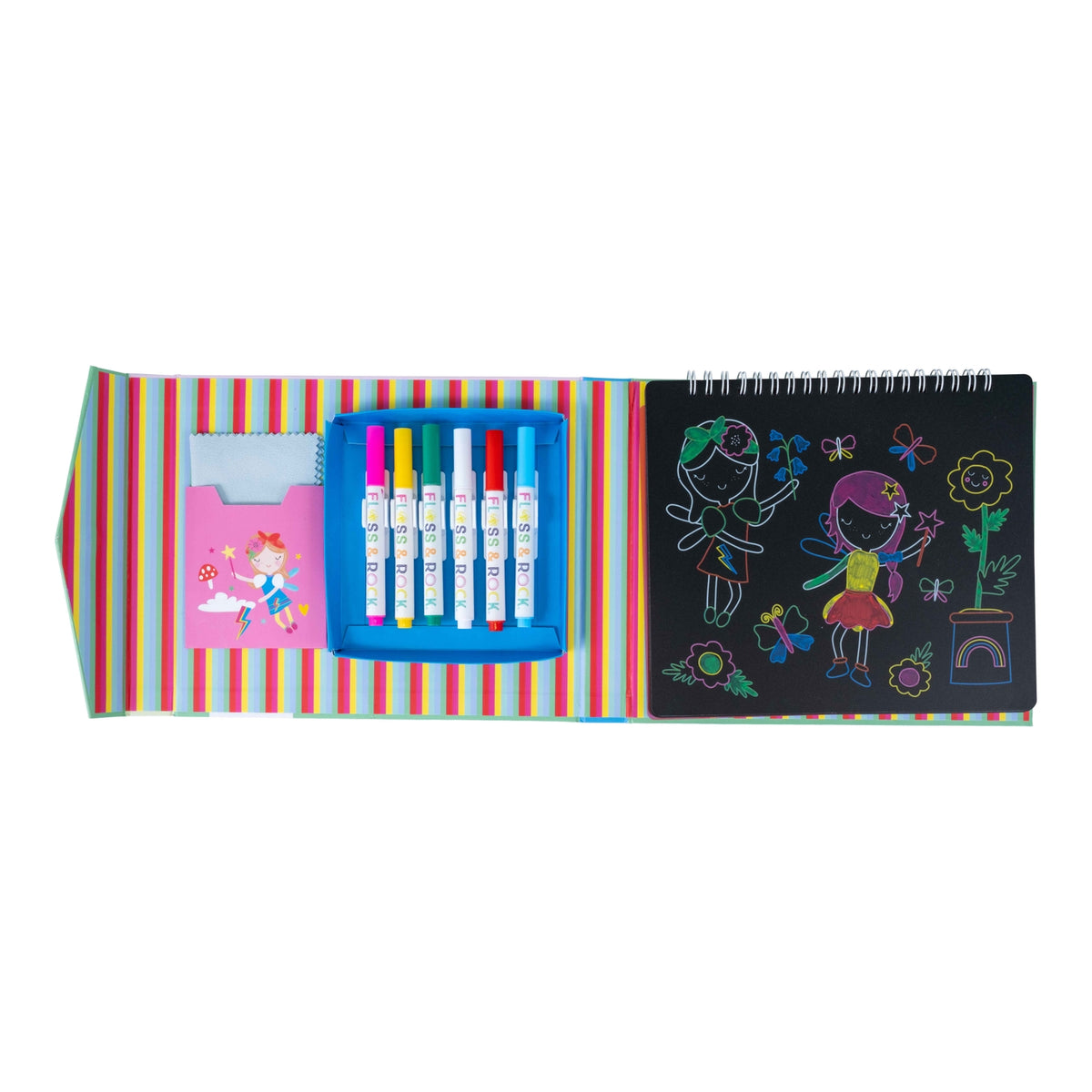 Coloring book set with markers and drawing on a white background