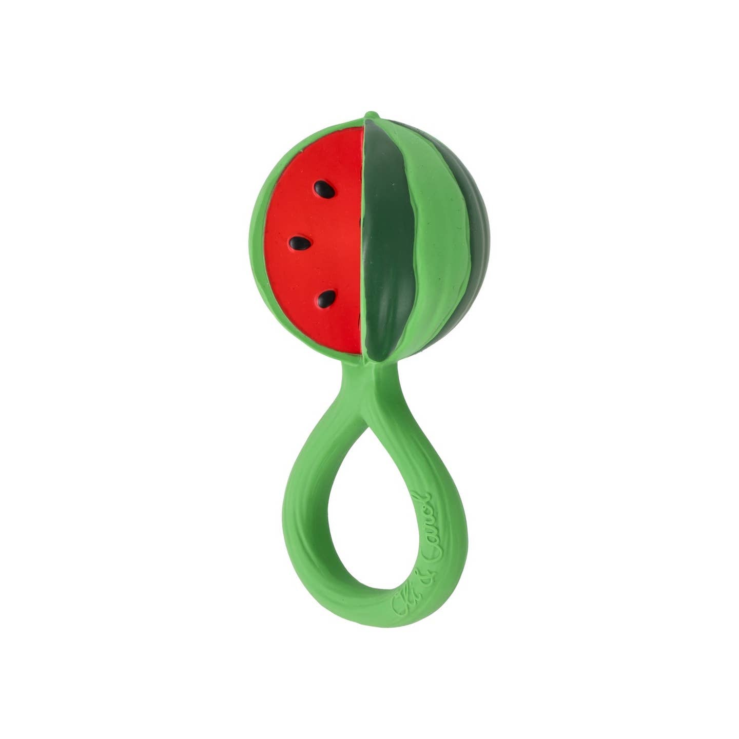 Green and red baby teether on a white background