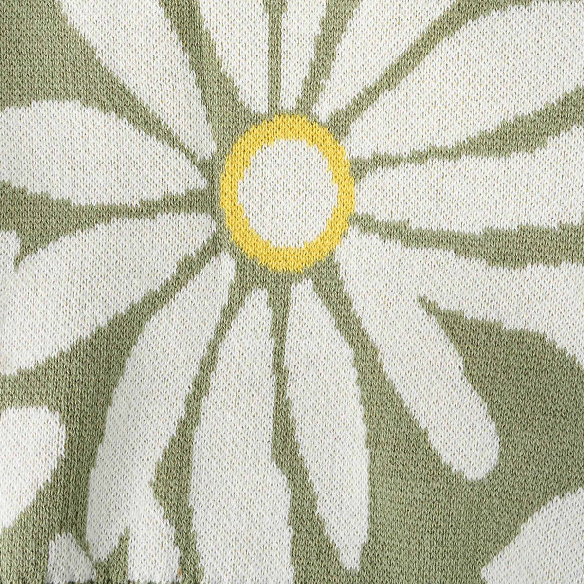 Close-up of a fabric with a floral pattern featuring green leaves and white flowers with yellow centers.