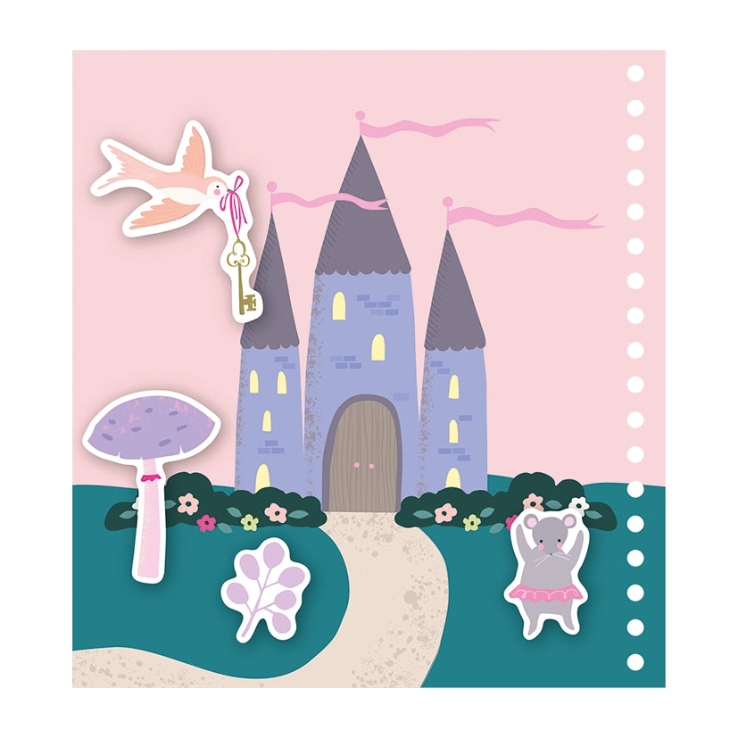 A whimsical illustrated sticker or decal sheet featuring a pastel castle, a bird with a key, a mushroom, flowers, a leaf, and a mouse in a pink tutu on a pink and teal background.