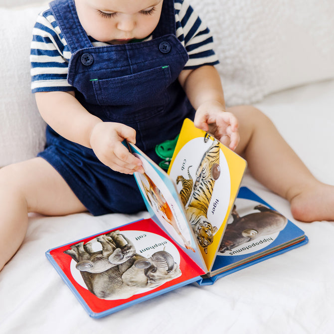 Child reading a colorful book with animal illustrations on a white surface